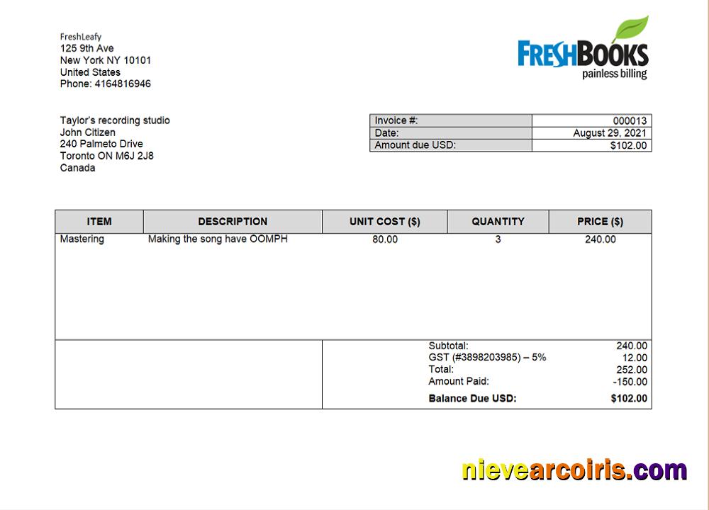 USA FreshBooks Company invoice